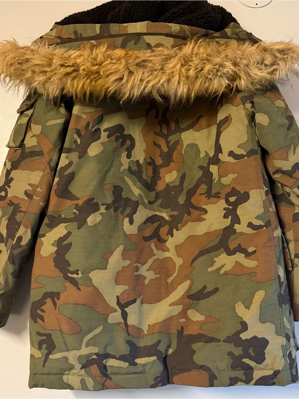 J. Crew Men's Camo Puffer Parka with Faux Fur Trim